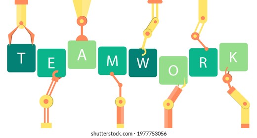 Robot hands holding word teamwork cartoon vector. Teamwork concept. 