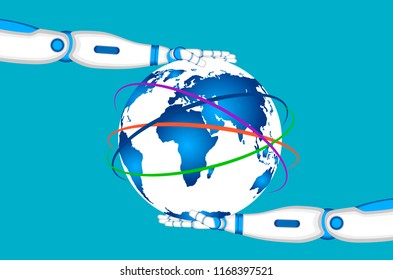 Robot hands holding world globe. Global computing and robotic technologies. Futuristic artificial intelligence. Modern science and cybernetic vector illustration.