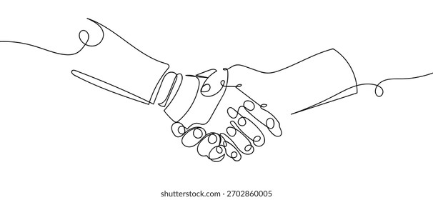 Manos de robot y manos humanas que se toman de la mano, una línea continua. Un fondo de dibujo de línea. Ilustración vectorial.
