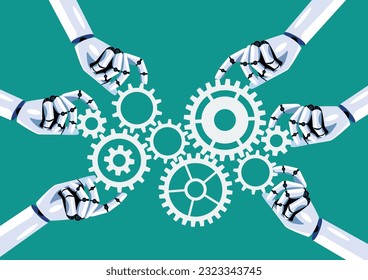Robot hands insert gears together. Technology concept