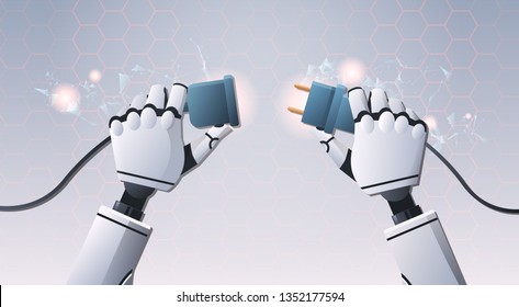 robot hands inserting plug in socket ready to connect top angle view artificial intelligence digital futuristic technology concept flat horizontal