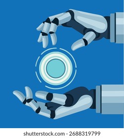 Robot hands manipulate a circular, glowing object.