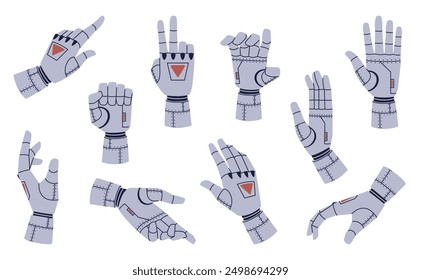 Robot hands. Mechanical cyborg arms, different gestures, flat limbs, bionic fingers, palms, future artificial technology, tech machinery arms cartoon flat isolated nowaday vector set