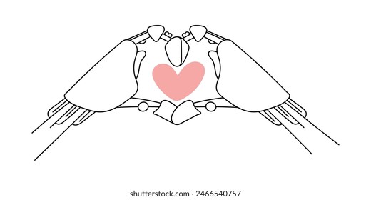 Robot hands in the shape of a heart. Concept of feelings of artificial intelligence to the world. Vector graphics on a white background.