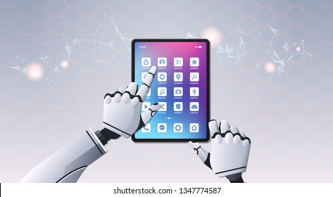 robot hands using tablet computer application top angle view artificial intelligence digital futuristic technology concept horizontal