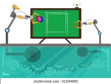 Robot Hands Works Together To Redesign A Logo, Produce A New Product Or Draw An Architectural Project. Editable Clip Art.