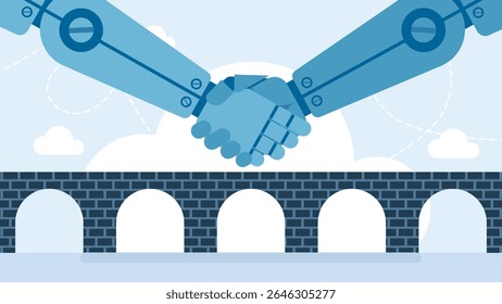 Robot handshake connecting. Robots shake hands on the background of a bridge. Robot handshake connecting with modern technology. Cooperation concept of technology for business. Vector illustration