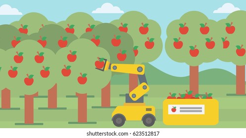Robot harvesting apples in the garden. Robot picking red apples. Robot collecting apples from the tree. Concept of the use of robots in agriculture. Vector flat design illustration. Horizontal layout.