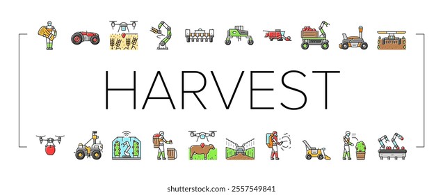 robot harvests automation icons set vector. agriculture technology, innovation efficiency, sustainability precision, ai robot harvests automation color line illustrations