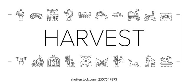 robot harvests automation icons set vector. agriculture technology, innovation efficiency, sustainability precision, ai robot harvests automation black contour illustrations