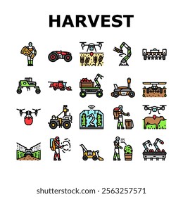 robot harvests automation icons set vector. agriculture technology, innovation efficiency, sustainability precision, ai robot harvests automation color line illustrations