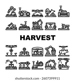 robot harvests automation icons set vector. agriculture technology, innovation, efficiency sustainability, precision, ai sensors robot harvests automation black contour illustrations