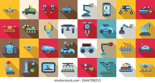 Robot harvests icons set. Modern agriculture integrating robotic systems and automation for enhanced efficiency and yield
