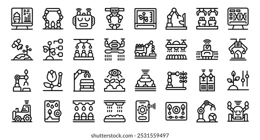 Conjunto de ícones de colheita de robôs. Esse conjunto de ícones mostra a integração de tecnologia de ponta na agricultura, destacando o potencial de práticas agrícolas inteligentes