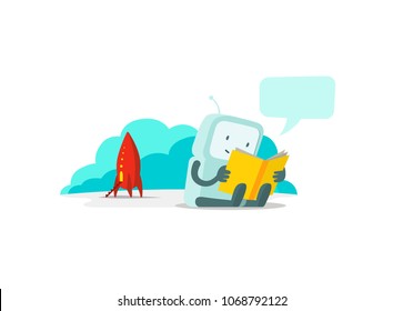 The robot has arrived on rocket and sits reading book. Instructions user guide. Error page not found. Flat color vector illustration