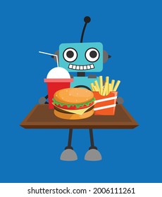 Robot Having Fast Food Tray Flat Vector Cartoon Illustration 012