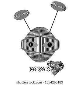 Robot head. Abstract image of robot with  effect of visual distortion. Black and white striped and checkered texture.