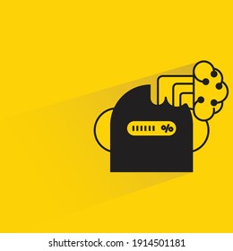 robot head and artificial brain with drop shadow yellow background