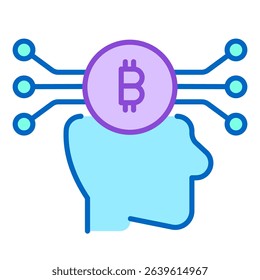 Robot Head Artificial Intelligence Brain with Bitcoin System, Ai investment Automation Cryptocurrency Trade on Blockchain Technology, Automation Stablecoin Exchange Currency. Editable Vector Icon.