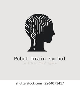 Robot head. Artificial Intelligence logo. Chat bot. AI automation technology. Psychology brainstorm. Digital circuit micro chip symbol. Design vector logotype concept.