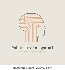 Robot head. Artificial Intelligence logo. Chat bot. AI automation technology. Psychology brainstorm. Digital circuit micro chip symbol. Design vector logotype concept.