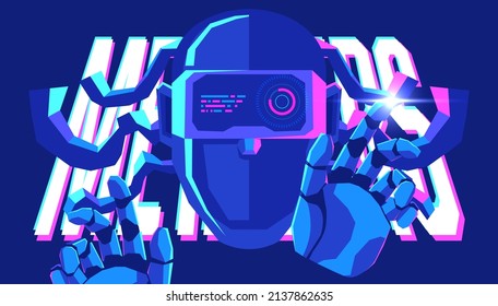 Robot head in augmented or virtual reality glasses. Virtual reality headset. VR helmet. Metaverse technology concept.