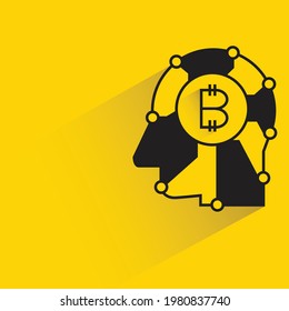 robot head and bitcoin icon with shadow on yellow background