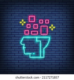 Robot head, brain connected to circuit board, artificial intelligence neon sign.