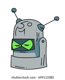 Robot head cartoon hand drawn image. Original colorful artwork, comic childish style drawing.