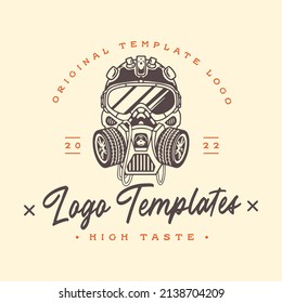 Robot head character template logo with car wheel themed mask and snow goggles. vector