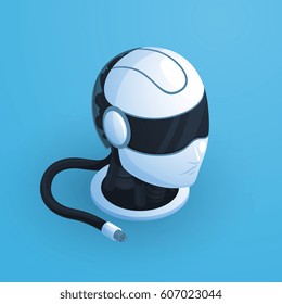 Robot head composition with hi tech style black and white helmet with headphones and unplugged wire vector illustration