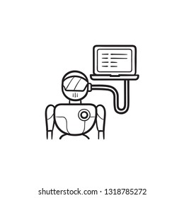 Roboter-Kopf verbunden mit Laptop handgezeichnet Umriss-doodle-Symbol. Android, Konzept der künstlichen Intelligenz. Vektorgrafik-Illustration für Druck, Web, Mobile und Infografiken auf weißem Hintergrund.