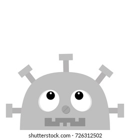 Robot head face looking up. Screw nose, clock heart, diagram, open mouth with tooth. Cute vintage cartoon character. Gray metal. Baby collection. Flat design. White background. Isolated. Vector