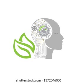 robot head and green leaves, vector illustration