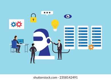 Robot head with a human face. Team works with smart brain computer, neural networks 2d vector illustration concept for banner, website, landing page, flyer, etc