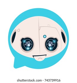 Robot Head Icon In Blue Speech Bubble Support Chat Bot Concept Flat Vector Illustration
