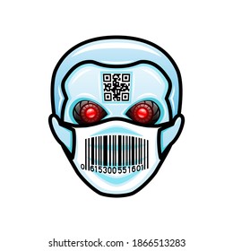 Icono de cabeza robótica con máscara protectora sobre fondo blanco.