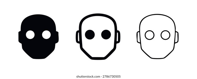 Robot head icon set. Humanoid face vector illustration with solid and outline variations.