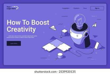 Robot head with lightbulb and puzzles on purple background. AI solving art tasks. Boost creativity isometric landing page template. Computer technology 3d vector illustration for web page