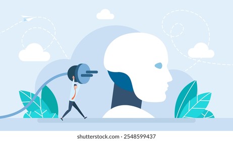 Cabeza y hombre del robot que ponen el enchufe de alimentación en el zócalo. Concepto científico y tecnológico. Inteligencia artificial y aprendizaje automático. Conectando el cerebro con el chip de aire robótico. Ilustración vectorial