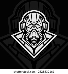Robot head, mascot esport illustration logo design, black white
