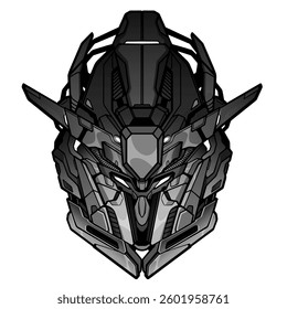 Robot head mech. Illustration in grey style. Hand drawn