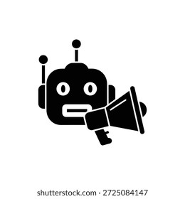 Cabeza del robot con el icono del megáfono que representa el anuncio de la voz de la IA