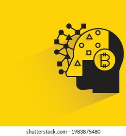 robot head and neuron network with bitcoin on shadow yellow background