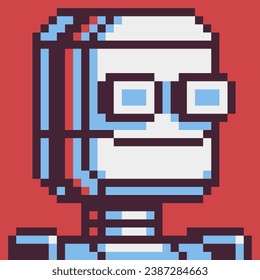 Robot head pixel art cartoon character avatar profile picture, futuristic cyborg. Flat style. Game assets. 8-bit. Isolated vector illustration.  Design for logo, sticker, app.