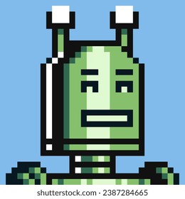 Robot head pixel art cartoon character avatar profile picture, futuristic cyborg. Flat style. Game assets. 8-bit. Isolated vector illustration.  Design for logo, sticker, app.