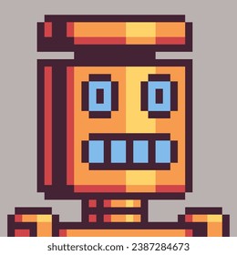 Imagen de perfil de avatar del personaje de dibujos animados en píxeles de cabeza de robot, ciborg futurista. Estilo plano. Activos de juego. 8 bits. Ilustración vectorial aislada.  Diseño para logotipo, pegatina, aplicación.