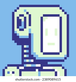 Robot head pixel art cartoon character avatar profile picture, futuristic cyborg. Flat style. Game assets. 8-bit. Vector background. Design for logo, sticker, app.