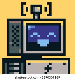 Robot head pixel art cartoon character avatar profile picture, futuristic cyborg. Flat style. Game assets. 8-bit. Vector illustration.  Design for logo, sticker, app.