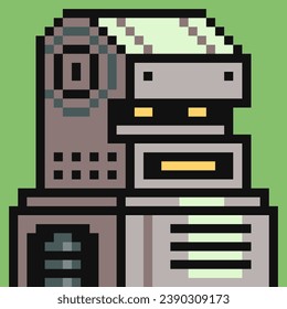 Robot head pixel art cartoon character avatar profile picture, futuristic cyborg. Flat style. Game assets. 8-bit. Vector illustration. Design for logo, sticker, app.